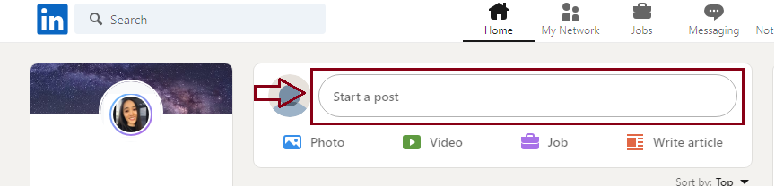 Click on the "Start a post" box at the top of your feed