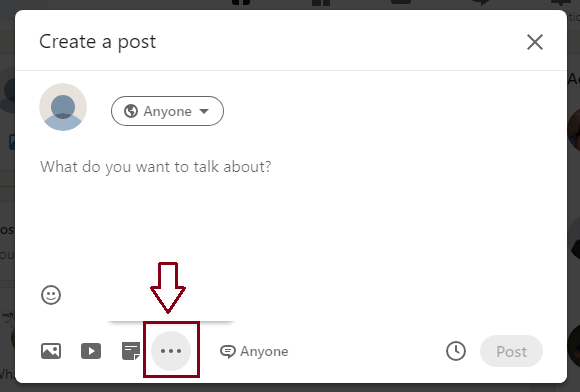 In the "Create a post" pop-up window, at the bottom of the page, click on the three dots to add a resume file to your post
