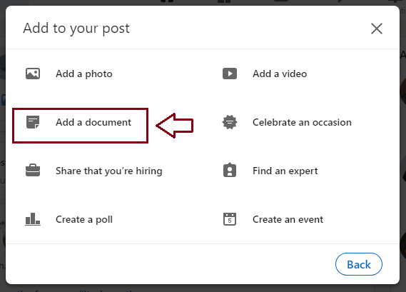 Click on the "Add a document" option on the "Add to your post" pop-up window