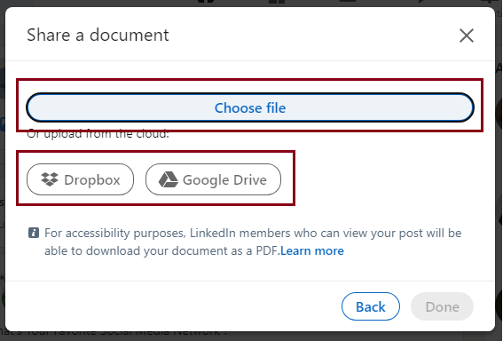 Select the location where you want to upload your resume file from the "Share a document" pop-up window