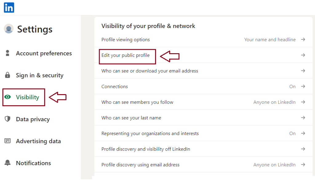 On the right side of the page, in the "Visibility of your profile & network" section, click on "Edit your public profile"