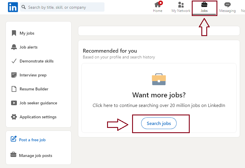 On the Jobs page, click on the "Search jobs" button