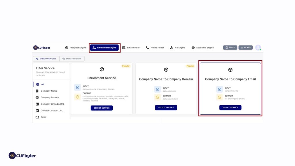 Click the "Company Name to Company Email" service on the enrichment engine page